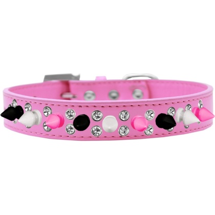 Double Crystal with Black, White and Bright Pink Spikes Dog Collar Bright Pink Size 12