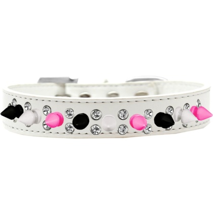 Double Crystal with Black, White and Bright Pink Spikes Dog Collar White Size 12