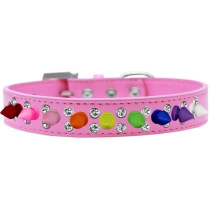 Double Crystal with Rainbow Spikes Dog Collar Bright Pink Size 12