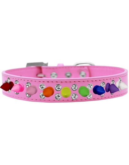 Double Crystal with Rainbow Spikes Dog Collar Bright Pink Size 12