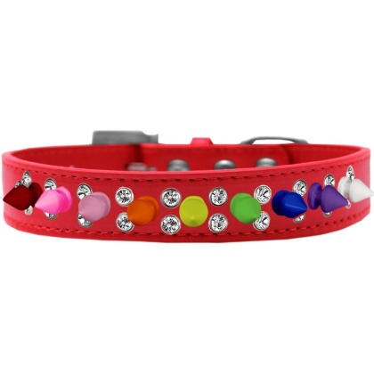 Double Crystal with Rainbow Spikes Dog Collar Red Size 12