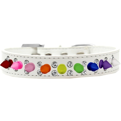 Double Crystal with Rainbow Spikes Dog Collar White Size 12