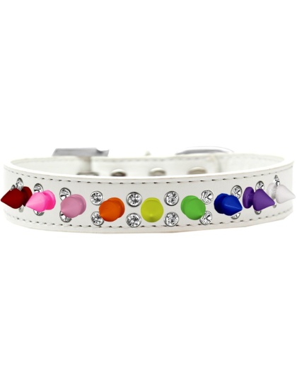 Double Crystal with Rainbow Spikes Dog Collar White Size 12