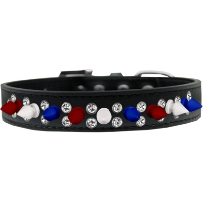 Double Crystal with Red, White and Blue Spikes Dog Collar Black Size 12