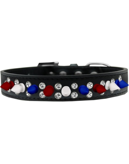 Double Crystal with Red, White and Blue Spikes Dog Collar Black Size 12