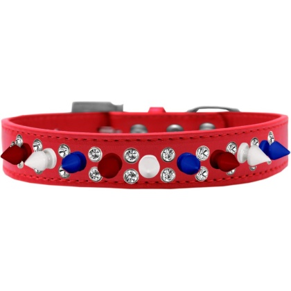 Double Crystal with Red, White and Blue Spikes Dog Collar Red Size 12