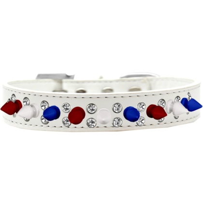 Double Crystal with Red, White and Blue Spikes Dog Collar White Size 12