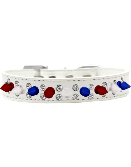 Double Crystal with Red, White and Blue Spikes Dog Collar White Size 12