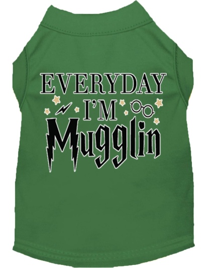 Everyday I'm Mugglin Screen Print Dog Shirt Green Lg