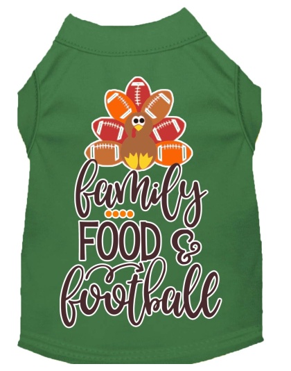 Family, Food, and Football Screen Print Dog Shirt Green Lg