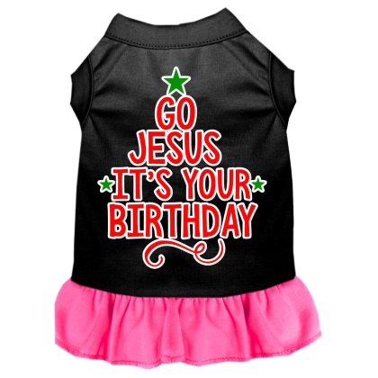 Go Jesus Screen Print Dog Dress Black with Bright Pink Lg
