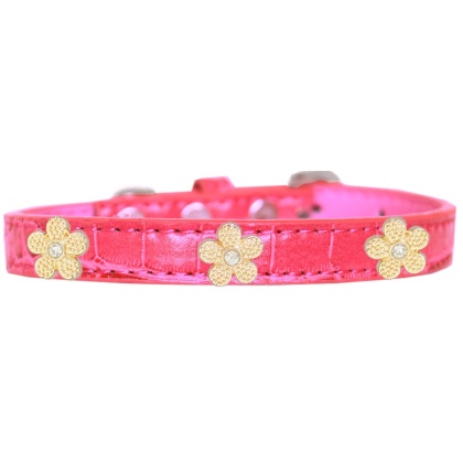 Gold Flower Widget Croc Dog Collar Bright Pink Size 10