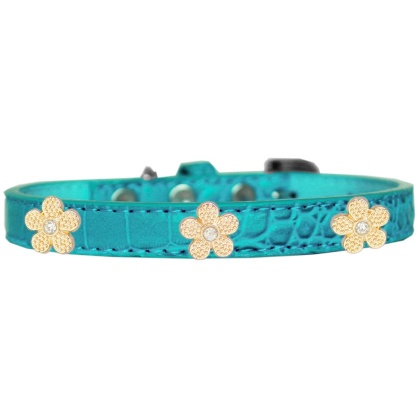 Gold Flower Widget Croc Dog Collar Turquoise Size 10