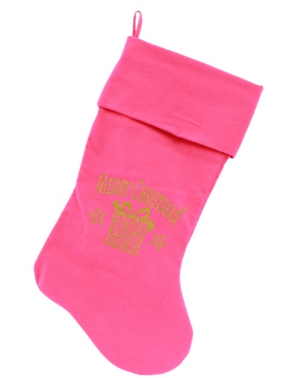 Golden Christmas Present Screen Print 18 inch Velvet Christmas Stocking Pink