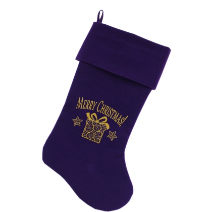 Golden Christmas Present Screen Print 18 inch Velvet Christmas Stocking Purple