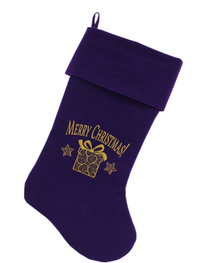 Golden Christmas Present Screen Print 18 inch Velvet Christmas Stocking Purple