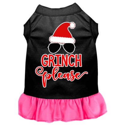 Grinch Please Screen Print Dog Dress Black with Bright Pink Lg
