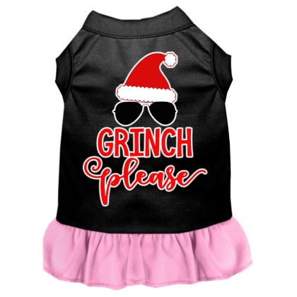 Grinch Please Screen Print Dog Dress Black with Light Pink Lg