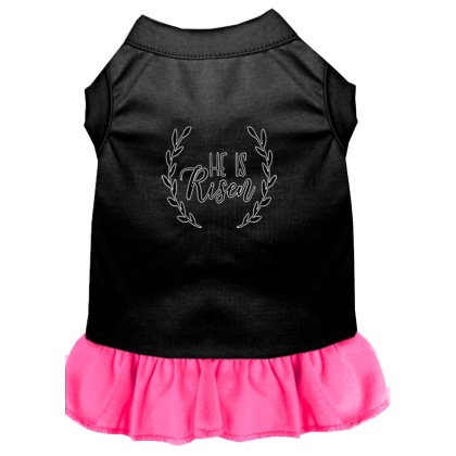He Is Risen Screen Print Dog Dress Black with Bright Pink Lg