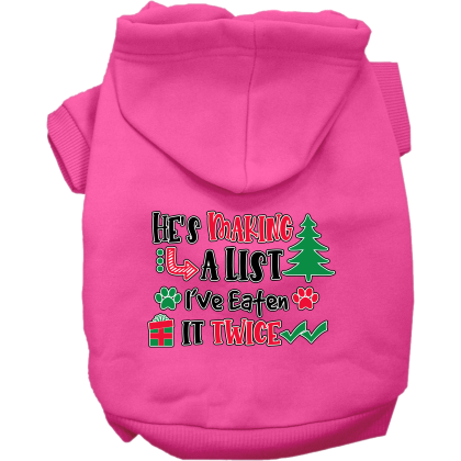 He's Making a List... Screen Print Dog Hoodie Bright Pink Size XS