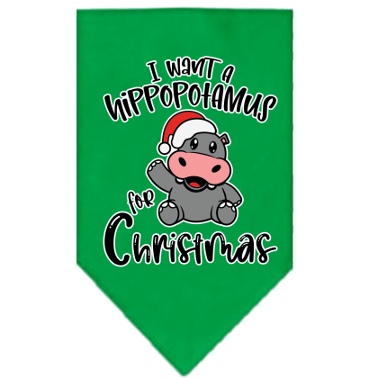 Hippo for Christmas Screen Print Bandana Emerald Green Size Small