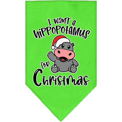 Hippo for Christmas Screen Print Bandana Lime Green Size Small
