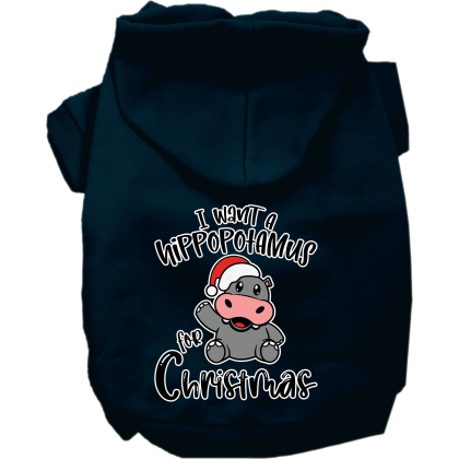 Hippo for Christmas Screen Print Dog Hoodie Navy Blue Size XS