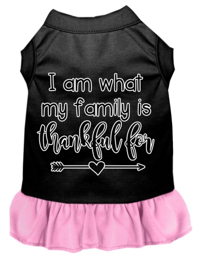 I Am What My Family is Thankful For Screen Print Dog Dress Black with Light Pink Lg