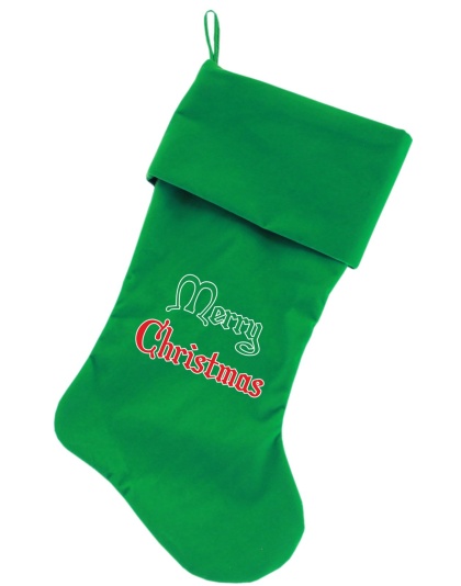 Merry Christmas Screen Print 18 inch Velvet Christmas Stocking Green