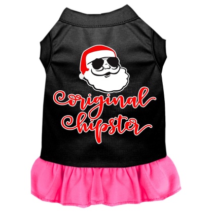 Original Hipster Screen Print Dog Dress Black with Bright Pink Lg