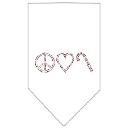 Peace Love Candy Cane Rhinestone Bandana White Large