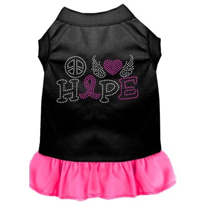 Peace Love Hope Breast Cancer Rhinestone Pet Dress Black with Bright Pink Lg