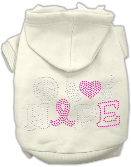 Peace Love Hope Breast Cancer Rhinestone Pet Hoodie Cream Lg