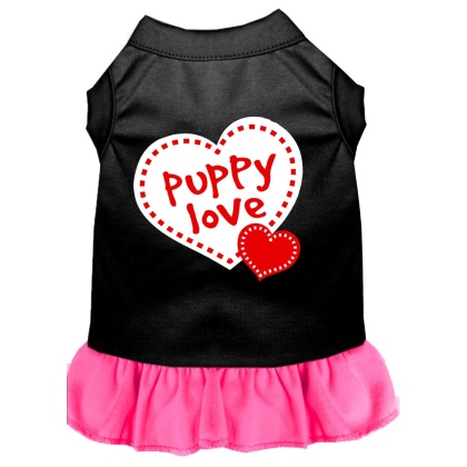 Puppy Love Screen Print Dress Black with Bright Pink Lg