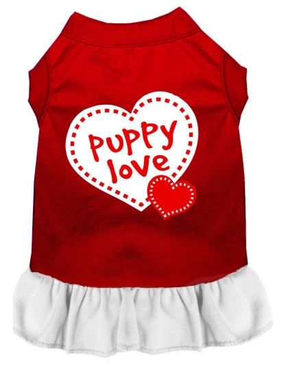 Puppy Love Screen Print Dress Red with White Lg