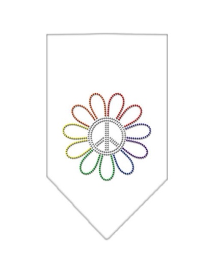 Rainbow Peace Flower Rhinestone Bandana White Large