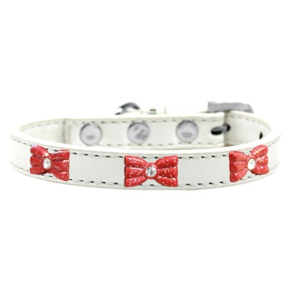 Red Glitter Bow Widget Dog Collar White Size 10