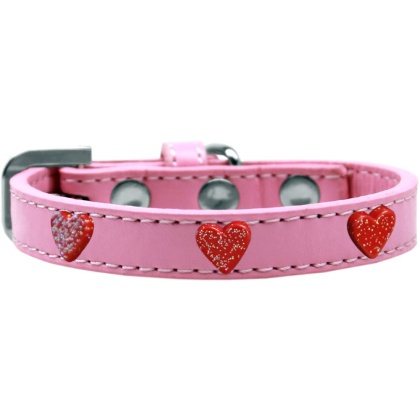 Red Glitter Heart Widget Dog Collar Light Pink Size 10