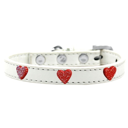 Red Glitter Heart Widget Dog Collar White Size 10