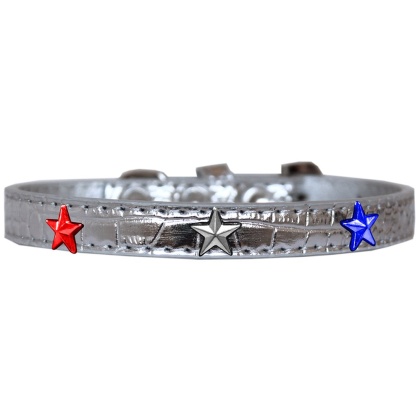 Red, White and Blue Star Widget Croc Dog Collar Silver Size 10