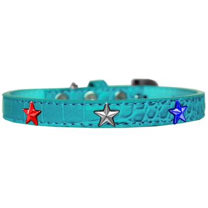 Red, White and Blue Star Widget Croc Dog Collar Turquoise Size 10