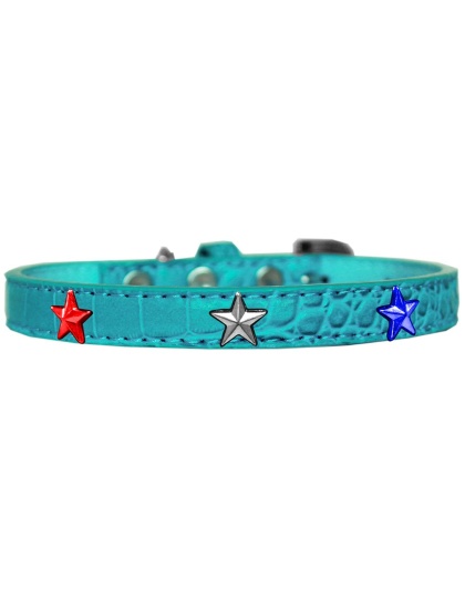Red, White and Blue Star Widget Croc Dog Collar Turquoise Size 10