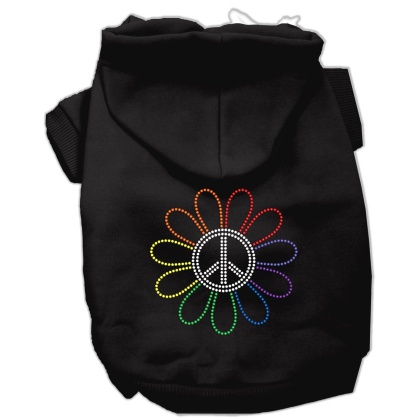 Rhinestone Rainbow Flower Peace Sign Hoodie Black L