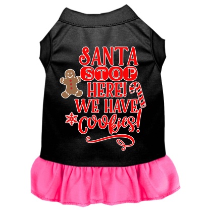 Santa, We Have Cookies Screen Print Dog Dress Black with Bright Pink Lg