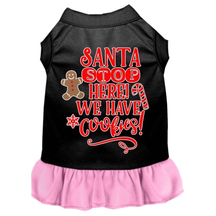 Santa, We Have Cookies Screen Print Dog Dress Black with Light Pink Lg