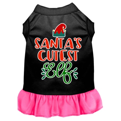 Santa's Cutest Elf Screen Print Dog Dress Black with Bright Pink Lg
