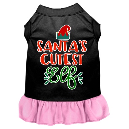 Santa's Cutest Elf Screen Print Dog Dress Black with Light Pink Lg