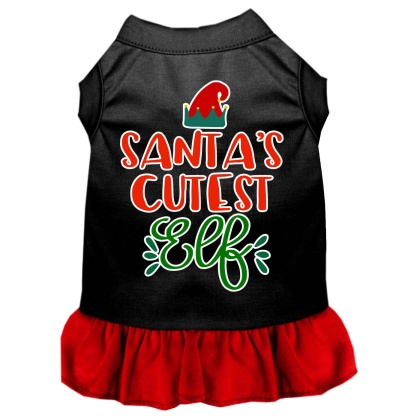 Santa's Cutest Elf Screen Print Dog Dress Black with Red Lg