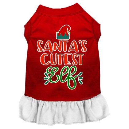 Santa's Cutest Elf Screen Print Dog Dress Red with White Lg