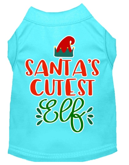 Santa's Cutest Elf Screen Print Dog Shirt Aqua Lg